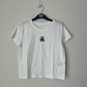 White Cropped Teddy Bear Graphic T-Shirt - Size S