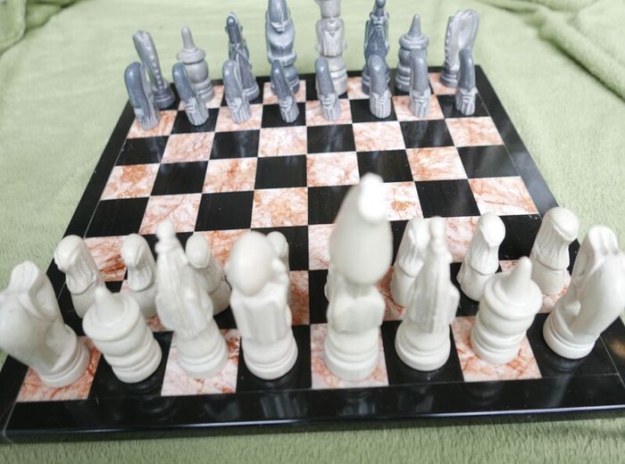 Vintage Marble Chess Board, 14 inch and Handcrafted African Soapstone Chess Set (king 6")