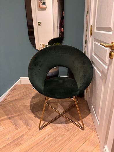 Dark green velvet moon chair with gold legs