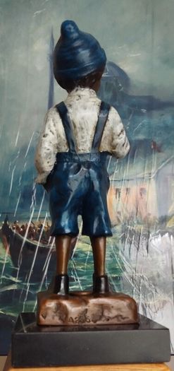 Smoking Boy - Cold Painted Bronze, Marble, Signed