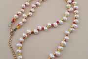 Natural Freshwater Pearl &amp; Red Yellow Glass Beads Necklace