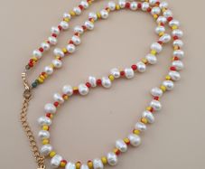 Natural Freshwater Pearl & Red Yellow Glass Beads Necklace