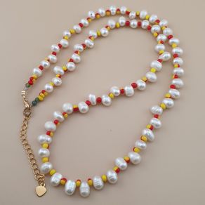 Natural Freshwater Pearl & Red Yellow Glass Beads Necklace
