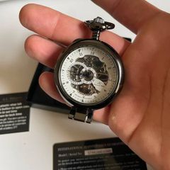 Kronen & Sohne mechanical skeleton pocket watch with chain and box
