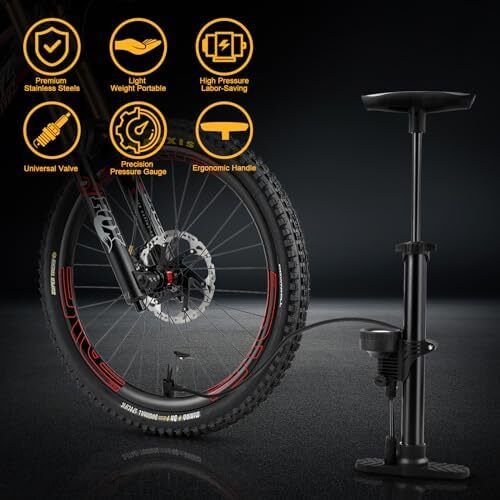 Bike Pump with Pressure Gauge, Bicycle Floor Pump Portable Bike Tyre Pump Stand Pump 160PSI/11Bar High Pressure Bike Air Pump with Presta, Schrader Valves for all Bikes, Road Mountain Bikes & Balls