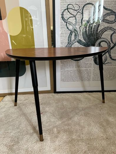 Mid-Century Modern Leaf Coffee Table  Chevron Wood & Gold Tips