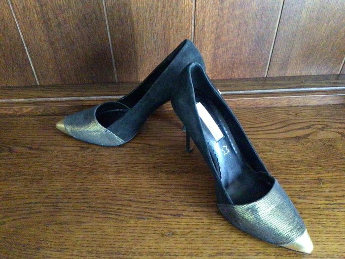 Bourbon Amy Humberman black suede and gold leather high heel court shoes size 5 eu 38
