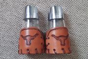 Vintage Salt and Pepper Bamco Longhorn Design Leather covered circa 1980 made in Mexico FREE STANDARD POSTAGE INCLUDED