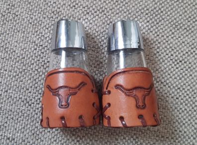 Vintage Salt and Pepper Bamco Longhorn Design Leather covered circa 1980 made in Mexico FREE STANDARD POSTAGE INCLUDED
