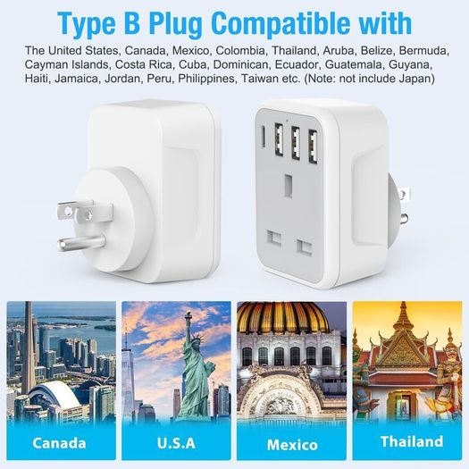 UK to US Plug Travel Adapter, USA Travel Adapter with 4 USB Ports (1 USB C Fast Charger) American to UK Plug Adapter for US Canada Mexico Thailand and More(Type B)