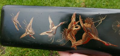 Antique Oriental Lacquered Hand Painted Box  Library Desk Bedroom Romantic Jewelry Box Trinkets 13,5" X 3,5" X 2"