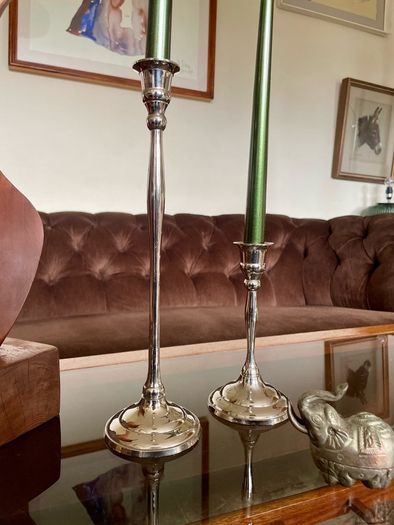 Pair of Slender 19th Century Style Silver Chrome Metal Candlesticks