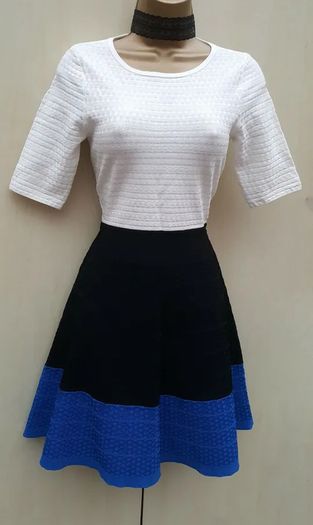 Karen Millen Black, Blue and White Knit Skater Dress