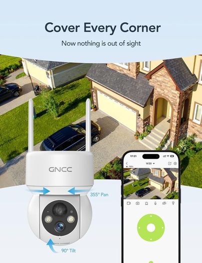 GNCC Solar Security Camera Outdoor Wireless 1080P/2MP CCTV Camera Systems, 360 PTZ Battery Powered Outdoor Camera, PIR Motion Detection, Colour Night Vision, 2-Way Audio, 2.4 GHz Wi-Fi Only