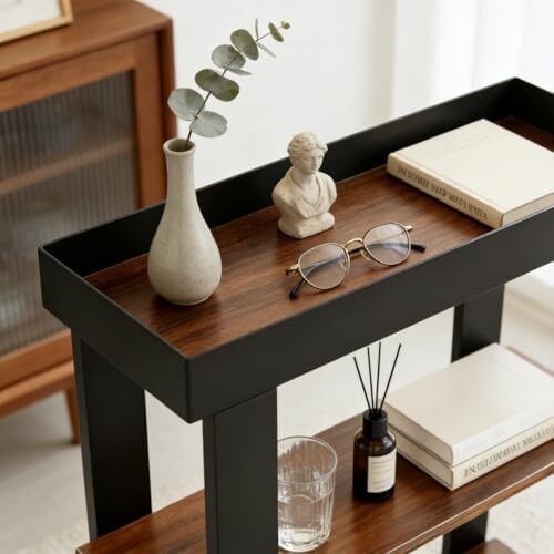 Side Table, 3-Tier Side Table, Rustic Farmhouse Narrow End Table with Storage, Slim Table Nightstand for Small Spaces, Bedroom or Living Room (Rustic Brown)