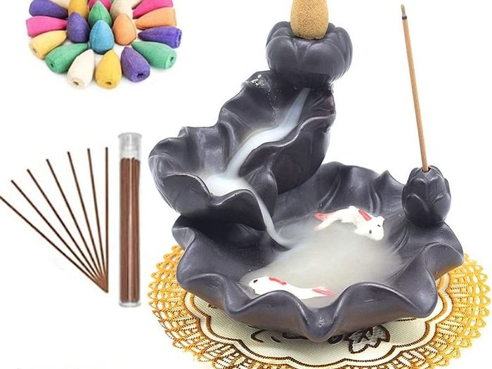 Ceramic backflow incense burner Waterfall Incense Holders, Aromatherapy Ornament Home Decor with 30 Backflow Incense Cones + 50 Incense Stick