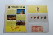 Turkmenistan Banknote + Coins + Stamp collector set vintage currency