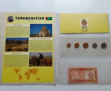 Turkmenistan Banknote + Coins + Stamp collector set vintage currency
