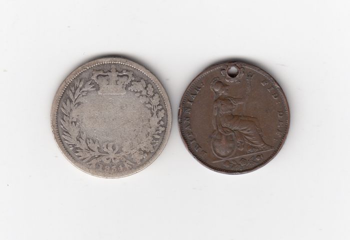 1834, 1/-, 92.5% Silver coin and 1837 holed coin(no 357)