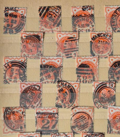 Great Britain Queen Victoria 1887. Jubilee Issue Bulk Study Lot. 72 Used Stamps on Stock Pages, 1/2d Vermilion and 2 1/2d Purple, Blue.