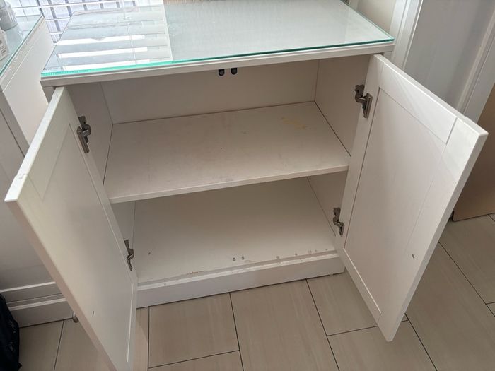 Solid wood cabinet in white with glass top