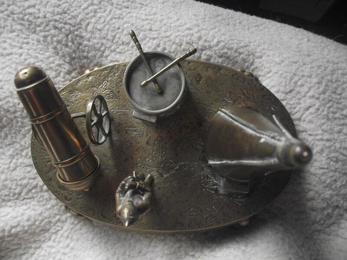 Victorian Brass Inkwell Desk Set - Military Theme - Lozenge Mark 13th January 1883