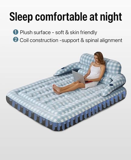 Blow Up Mattress King Size Inflatable Mattress with Headboard, 3 Mins Fast Inflation Air Bed, Air Mattress Double Blow Up Bed with Flocked Surface for Camping, Guest, Festivals, 203x152x23cm