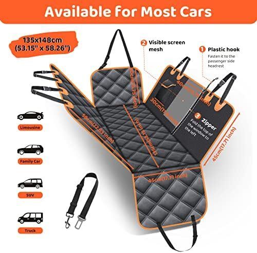 Dog Hammock for Car Back Seats with Side Protection and Mesh Visual Window, Durable Scratch Proof and Waterproof Pet Seat Cover for Cars/Trucks/SUV, 135 x 148 cm, Black&Orange