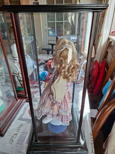 Collector's Porcelain Doll, In A very Large Mahogany Display Case, PRICE IS FOR 1 ONLY these came from a Pub contents,