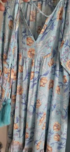 Unsigned sky blue floral floaty boho dress Sz L (Fit 12-14UK)