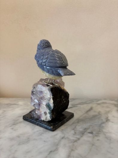 Hand-Carved Blue Tit on Raw Amethyst Cluster Base