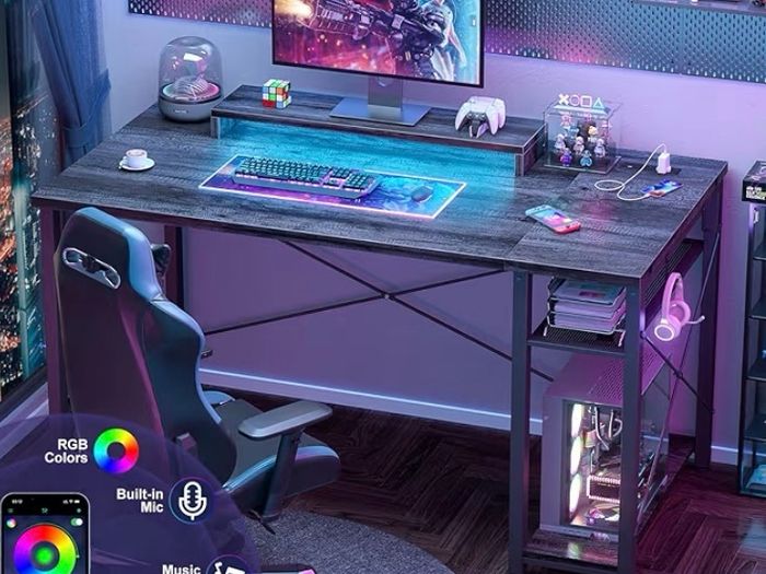 Gaming Desk with LED Lights & Power Outlet, Reversible Computer Desk with Moveable Monitor Stand, 100x75x50CM Office Desk with USB Charging Station for Home, Bedroom, Study,Gray Oak