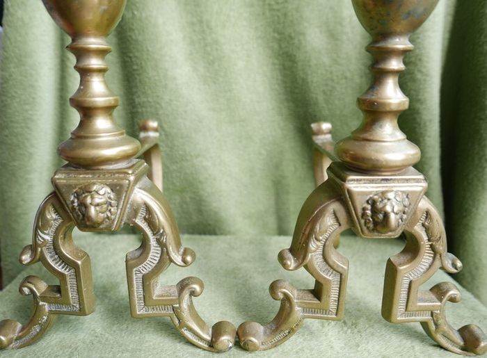 Antique Victorian Brass Fire Side Dogs - Lion Head Brass Fire Dogs
