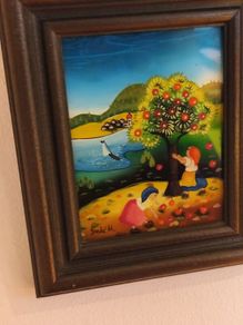 Folk Art Original Naive Vintage Art Reverse Glass
