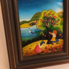 Folk Art Original Naive Vintage Art Reverse Glass