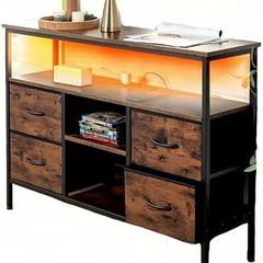 Vintage Living Room Cabinet with LED Lighting, Vintage Chest of Drawers with 4 Drawers, 110 x 30 x 78 cm, 2 USB and 2 AC Ports, Wooden Sideboard for Living Room, Perfect for Sideboard Kitchen