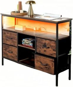 Vintage Living Room Cabinet with LED Lighting, Vintage Chest of Drawers with 4 Drawers, 110 x 30 x 78 cm, 2 USB and 2 AC Ports, Wooden Sideboard for Living Room, Perfect for Sideboard Kitchen