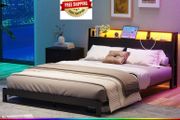 4ft6 Double Bed Frame with Ergonomic Storage Headboard,Metal Platform Low Bed Frame Double,Floor Bed Base with Charging Station and LED,Heavy Duty Mattress Foundation,Easy Assembly,No Noise,Black