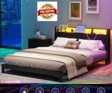 4ft6 Double Bed Frame with Ergonomic Storage Headboard,Metal Platform Low Bed Frame Double,Floor Bed Base with Charging Station and LED,Heavy Duty Mattress Foundation,Easy Assembly,No Noise,Black