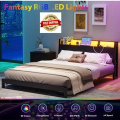 4ft6 Double Bed Frame with Ergonomic Storage Headboard,Metal Platform Low Bed Frame Double,Floor Bed Base with Charging Station and LED,Heavy Duty Mattress Foundation,Easy Assembly,No Noise,Black