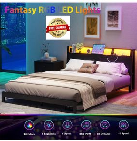 4ft6 Double Bed Frame with Ergonomic Storage Headboard,Metal Platform Low Bed Frame Double,Floor Bed Base with Charging Station and LED,Heavy Duty Mattress Foundation,Easy Assembly,No Noise,Black