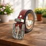 Unisex Premium Red Genuine Leather Belt Vintage Engraved Silver Buckle Image 3