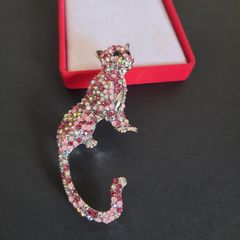 Leopard Crystal Statement Brooch Pin Cat Tiger Pink and White Rhinestone Jungle Animal Jewellery and Accessories