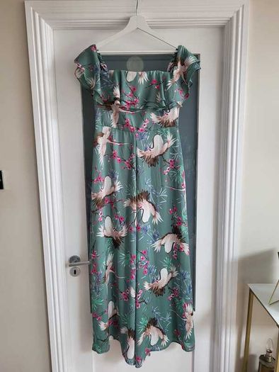 FOREVER UNIQUE green birds wide leg bardot jumpsuit Sz 12 - Rrp 249 (New)