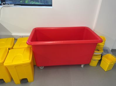 Large red storage bins x 2