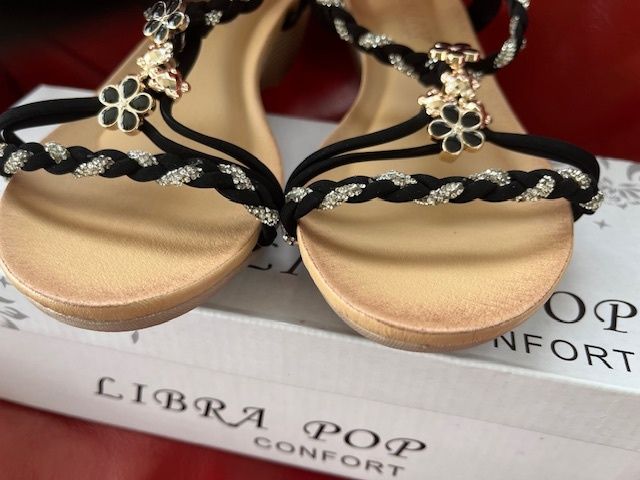 SANDALS. Libra Pop brand- Embellished With Black, Gold & Silver charms. Ultra Comfortable. Size Uk 6 Eu 39 Purchased In Toulouse. Brand New In Box.