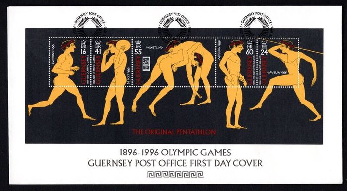 1996 Guernsey Centenary of Modern Olympics Games, Ancient Greek Athletics Commemorative Stamps Miniature Sheet Official First Day Cover (FDC)