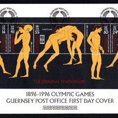1996 Guernsey Centenary of Modern Olympics Games, Ancient Greek Athletics Commemorative Stamps Miniature Sheet Official First Day Cover (FDC)