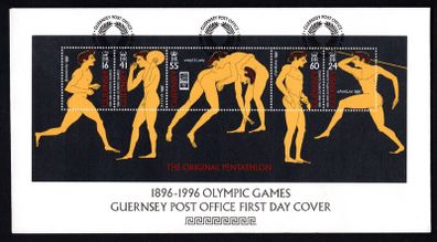 1996 Guernsey Centenary of Modern Olympics Games, Ancient Greek Athletics Commemorative Stamps Miniature Sheet Official First Day Cover (FDC)