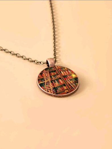 Book print round necklace